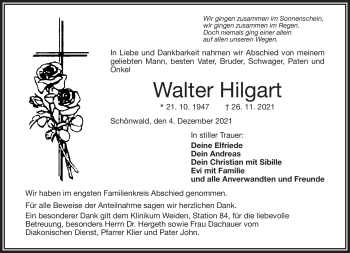 Traueranzeige von Walter Hilgart von Frankenpost