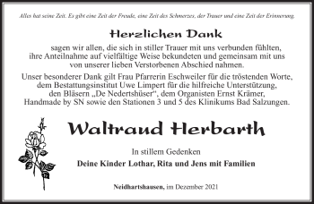 Traueranzeige von Waltraud Herbarth von Südthüringer Presse
