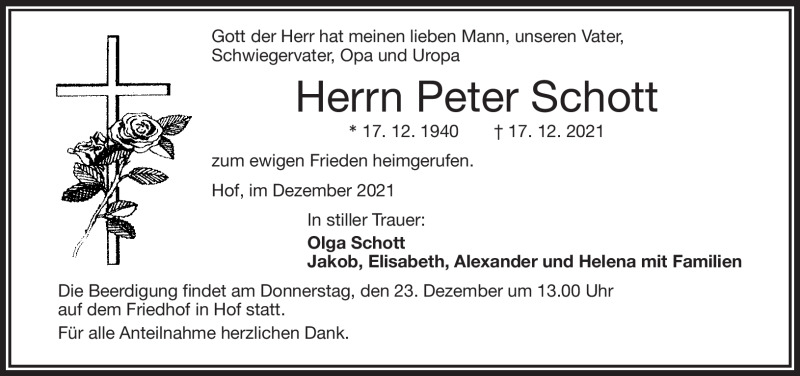  Traueranzeige für Peter Schott vom 22.12.2021 aus Frankenpost