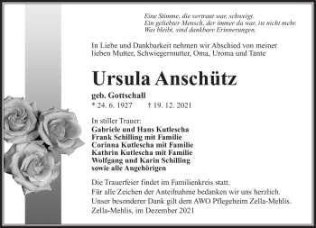 Traueranzeige von Ursula Anschütz von Südthüringer Presse