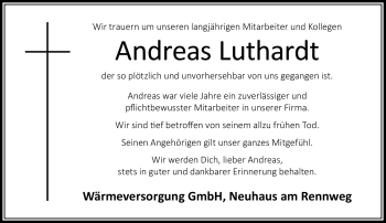 Traueranzeige von Andreas Luthardt von Südthüringer Presse