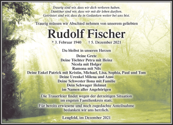 Traueranzeige von Rudolf Fischer von Südthüringer Presse