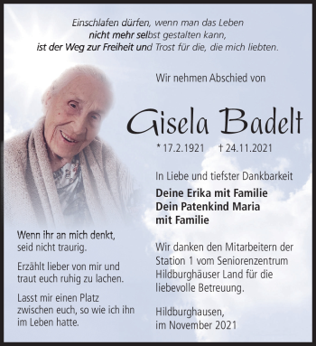 Traueranzeige von Gisela Badelt von Südthüringer Presse