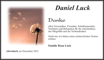 Traueranzeige von Daniel Luck von Südthüringer Presse