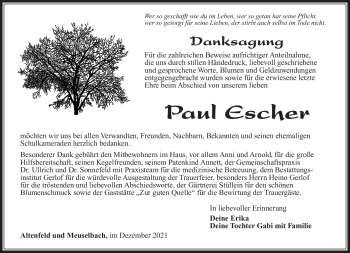 Traueranzeige von Paul Escher von Südthüringer Presse