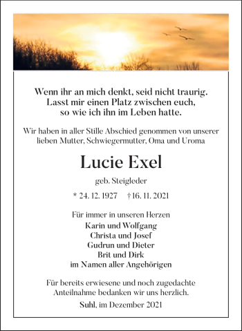 Traueranzeige von Lucie Exel von Südthüringer Presse