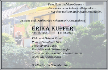 Traueranzeige von Erika Kupfer von Südthüringer Presse