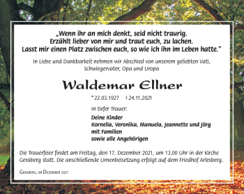 Traueranzeige von Waldemar Ellner von Südthüringer Presse