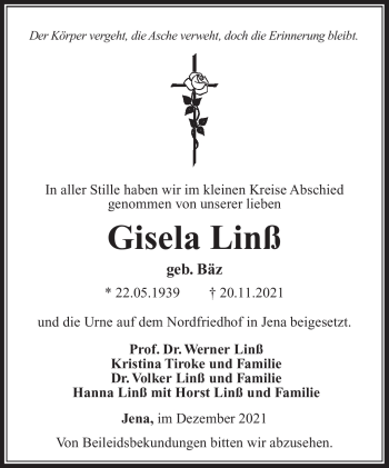 Traueranzeige von Gisela Linß von Südthüringer Presse