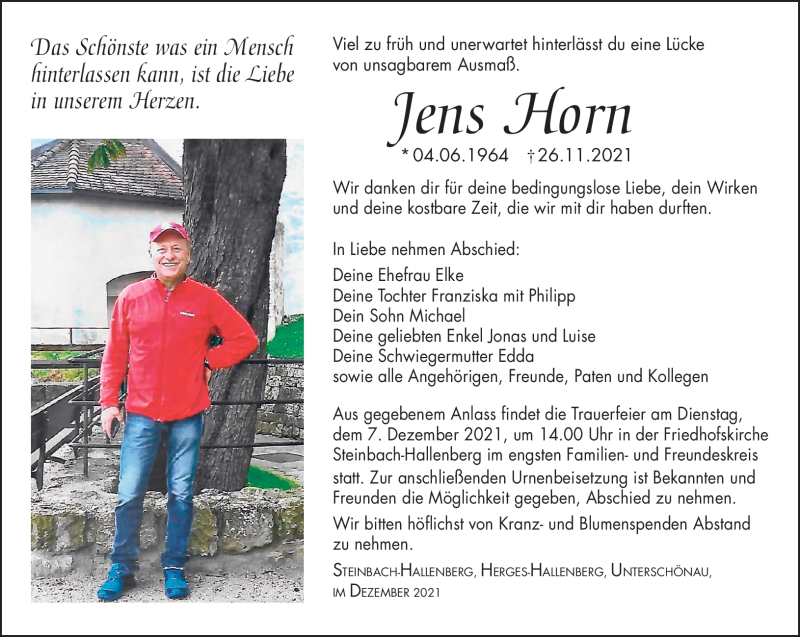  Traueranzeige für Jens Horn vom 02.12.2021 aus Südthüringer Presse
