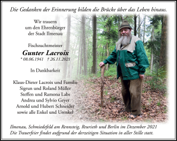 Traueranzeige von Gunter Lacroix von Südthüringer Presse
