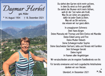 Traueranzeige von Dagmar Herbst von Südthüringer Presse