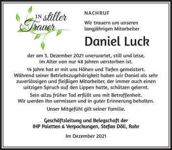 Traueranzeige von Daniel Luck von Südthüringer Presse