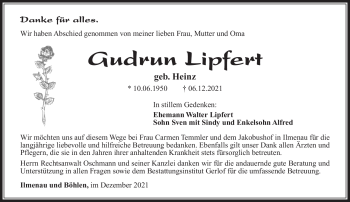 Traueranzeige von Gudrun Lipfert von Südthüringer Presse