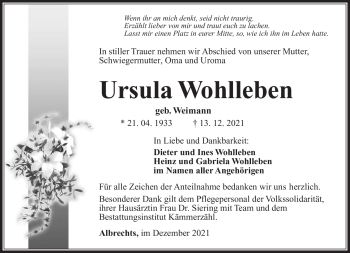 Traueranzeige von Ursula Wohlleben von Südthüringer Presse