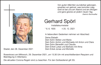Traueranzeige von Gerhard Spörl von Neue Presse Coburg