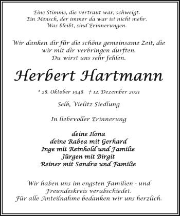 Traueranzeige von Herbert Hartmann von Frankenpost
