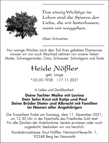 Traueranzeige von Heide Nößler von Südthüringer Presse