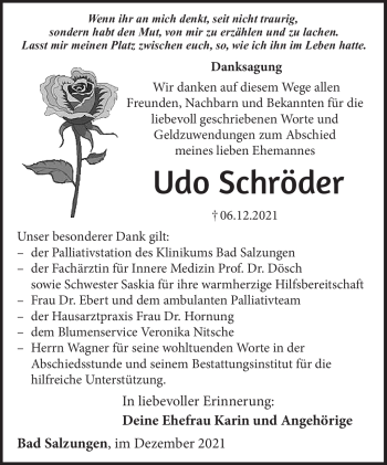 Traueranzeige von Udo Schröder von Südthüringer Presse
