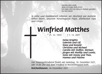 Traueranzeige von Winfried Matthes von Südthüringer Presse