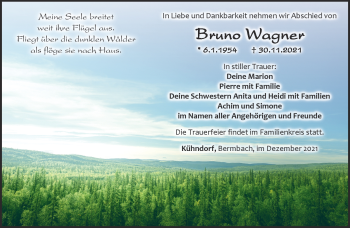 Traueranzeige von Bruno Wagner von Südthüringer Presse