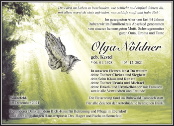 Traueranzeige von Olga Nöldner von Südthüringer Presse