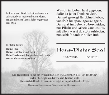 Traueranzeige von Hans-Dieter Saal von Südthüringer Presse