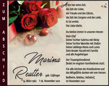 Traueranzeige von Marina Reutter von Südthüringer Presse