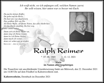 Traueranzeige von Ralph Reimer von Südthüringer Presse