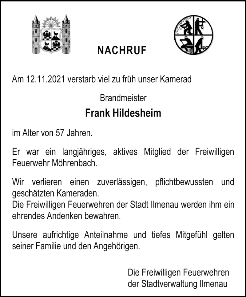  Traueranzeige für Frank Hildesheim vom 03.12.2021 aus Südthüringer Presse