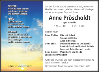 Traueranzeige von Anne Pröscholdt von Südthüringer Presse