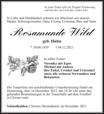 Traueranzeige von Rosamunde Wild von Südthüringer Presse