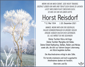 Traueranzeige von Horst Reisdorf von Südthüringer Presse