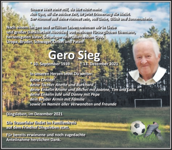 Traueranzeige von Gero Sieg von Südthüringer Presse