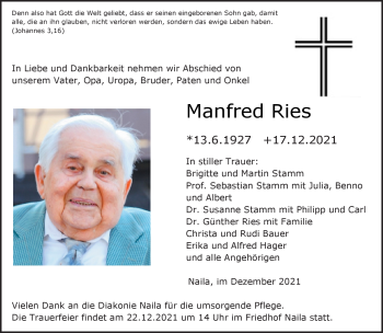 Traueranzeige von Manfred Ries von Frankenpost