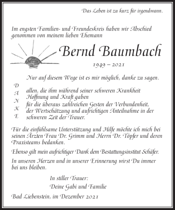 Traueranzeige von Bernd Baumbach von Südthüringer Presse