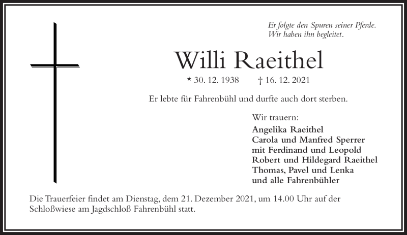  Traueranzeige für Willi Raeithel vom 18.12.2021 aus Frankenpost