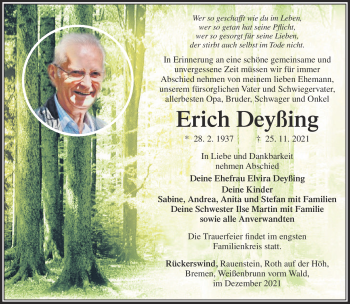Traueranzeige von Erich Deyßing von Südthüringer Presse