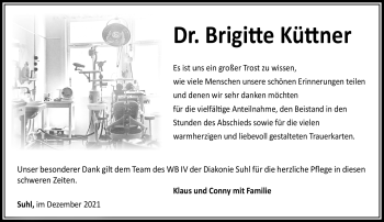Traueranzeige von Brigitte Küttner von Südthüringer Presse