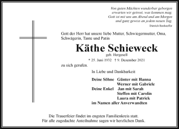 Traueranzeige von Käthe Schieweck von Frankenpost