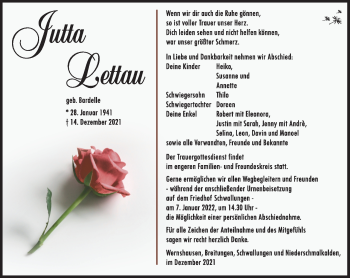 Traueranzeige von Jutta Lettau von Südthüringer Presse