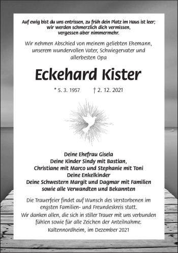 Traueranzeige von Eckehard Kister von Südthüringer Presse