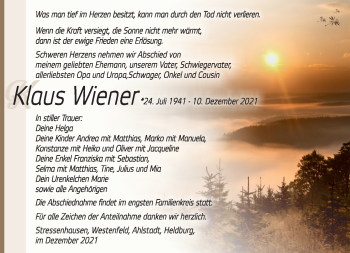 Traueranzeige von Klaus Wiener von Südthüringer Presse