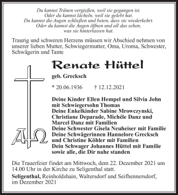 Traueranzeige von Renate Hüttel von Südthüringer Presse