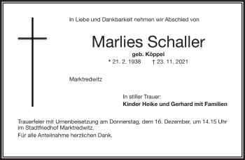 Traueranzeige von Marlies Schaller von Frankenpost