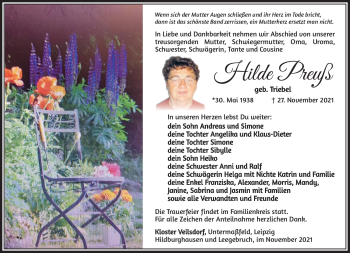 Traueranzeige von Hilde Preuß von Südthüringer Presse