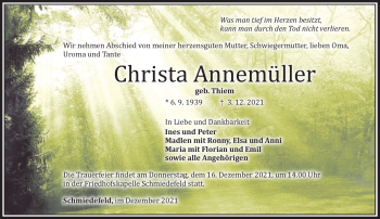 Traueranzeige von Christa Annemüller von Südthüringer Presse