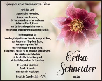 Traueranzeige von Erika Schneider von Südthüringer Presse