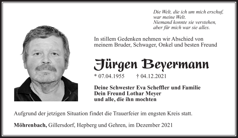  Traueranzeige für Jürgen Beyermann vom 18.12.2021 aus Südthüringer Presse