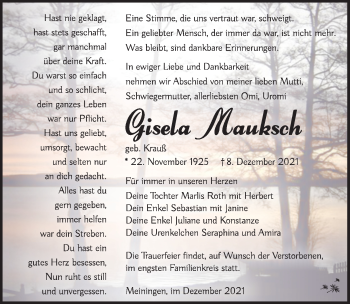 Traueranzeige von Gisela Mauksch von Südthüringer Presse